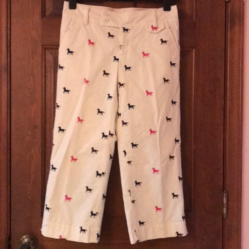Lilly Pulitzer Cream Capris with Black and Pink Horse Embroidered Print